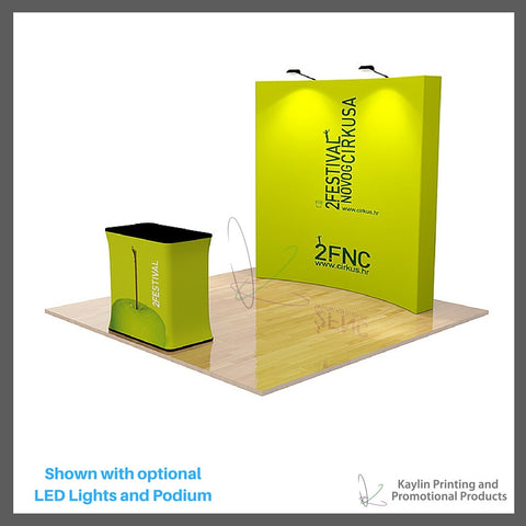 KYN-TSD-001 Trade Show Display with 8 foot curve shape and vibrant graphics printed on fabric. Velcro attached. Personalized with your custom imprint or logo. Shown with optional LED Lights and Podium.