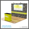 KYN-TSD-001 Tradeshow Display with 10 foot straight shape and vibrant graphics printed on fabric. Velcro attached. Personalized with your custom imprint or logo. Shown with optional LED Lights and Podium.